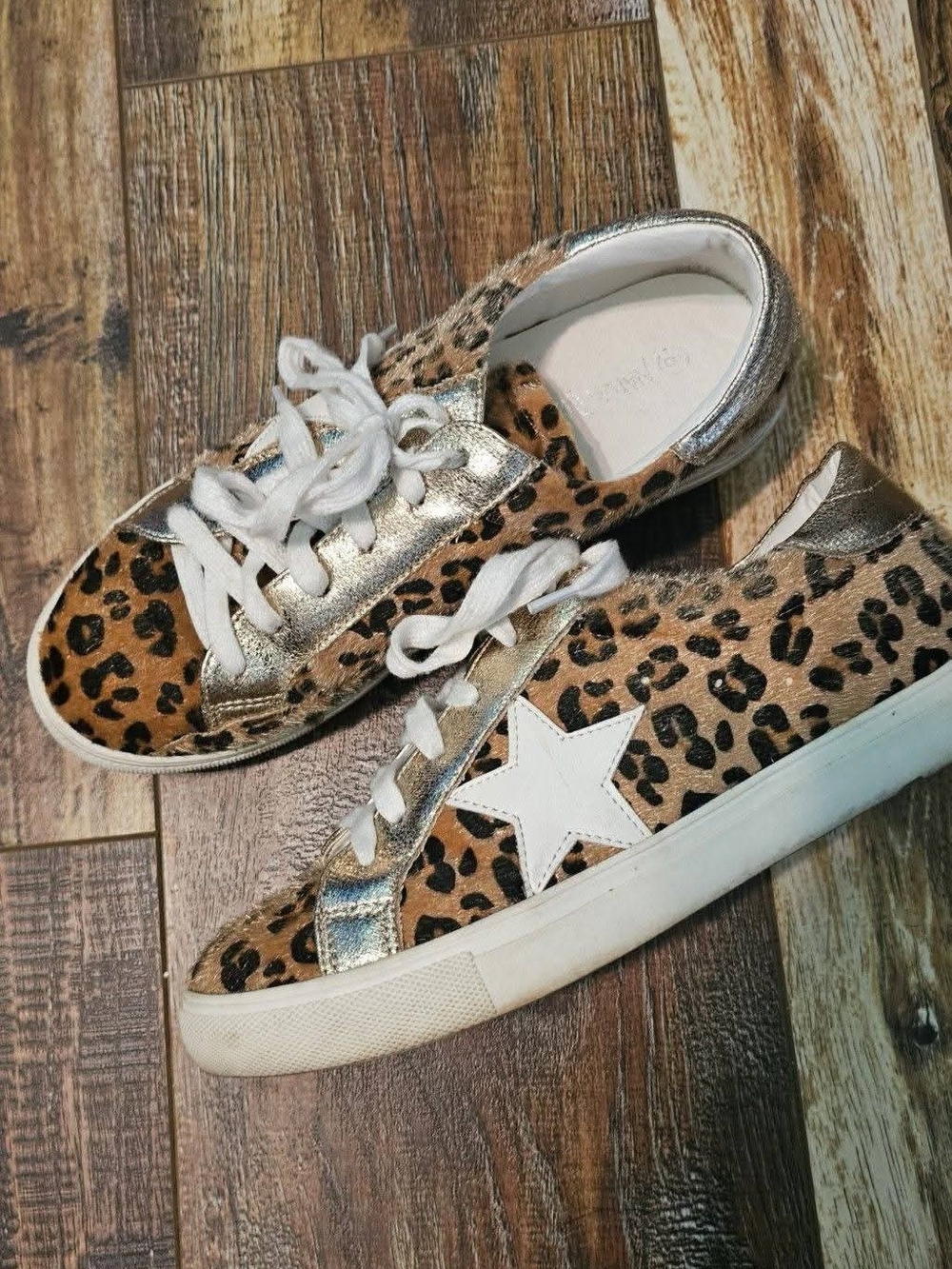 Leopard Print Star Lace-Up Sneakers - White Star, Metallic Accents